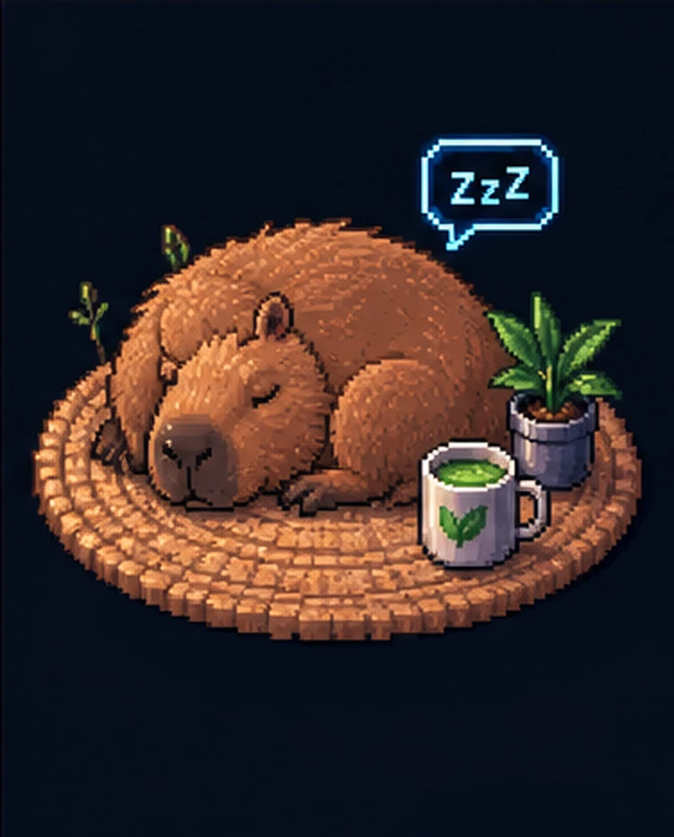 Pixel capybara asleep on a jute rug next to a mug of matcha and a plant, a ZzZ bubble above its head.