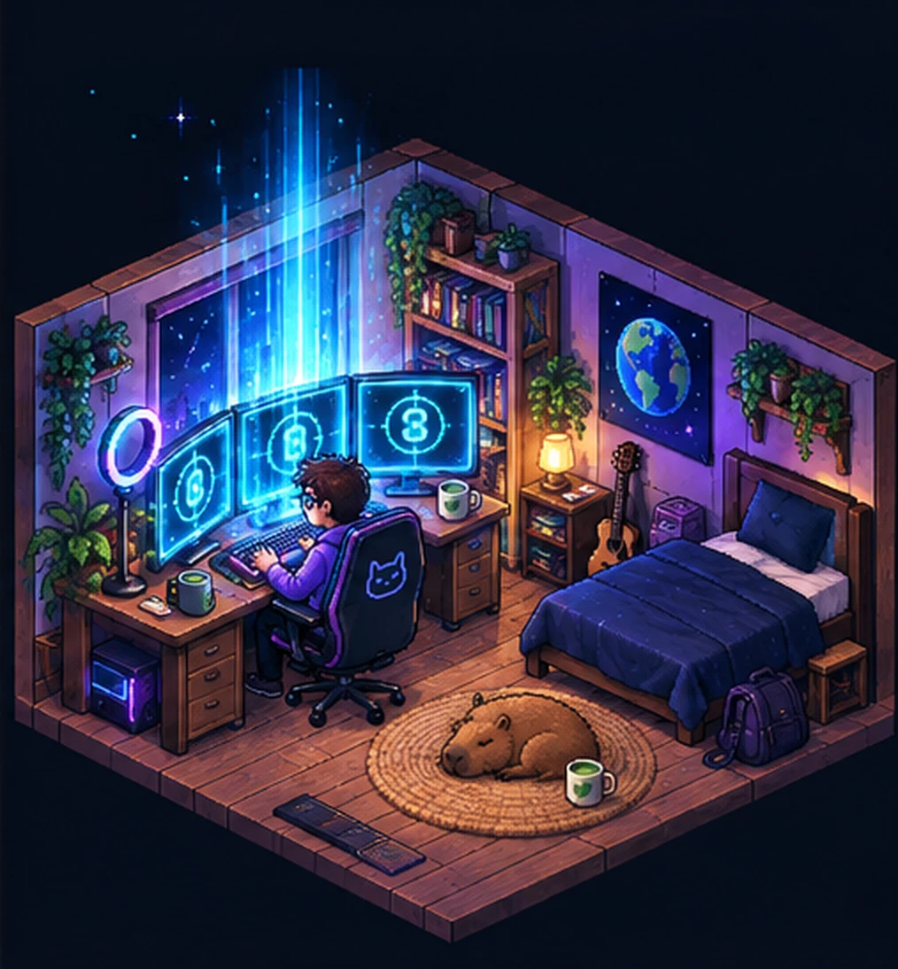 Concept art of the bedroom at the moment before the leap: the monitors glow with a countdown and a beam of light rises through the ceiling.