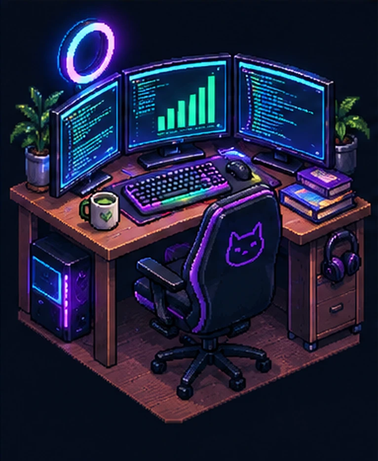 Concept art of the upgraded desk: three curved monitors with code and a green MRR chart, an RGB ring light and a gaming chair.